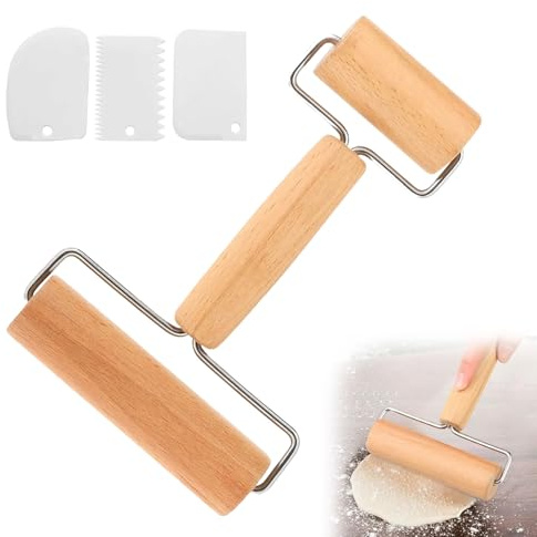 Buchenholz Nudelholz,Nudelholz Teigroller aus Holz Kleine und Mittlere Teigrolle mit 2 Walzen und 3 Teigschaber,Backzubehör Nudelholz,für müheloses Ausrollen von Teigen mit der Hand Pizza, Desserts