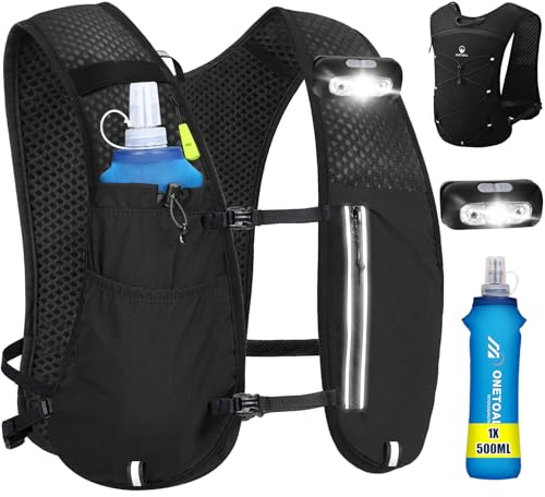 ONETOALL Gilet Hydratation Running Femme Réfléchissant avec Flasque 500 ML et Lumière LED, Gilet Course a Pied Homme Léger 170g pour Marathon, Trail, Randonnée