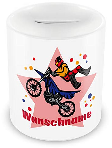 Samunshi® Kinder Spardose mit Namen und Motorrad Fahrer als Motiv für Kinder - Jungen und Mädchen Sparschwein 330ml weiß