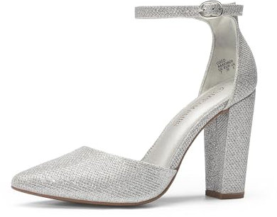 DREAM PAIRS Women's Coco High Heels Chunky Block Pumps Pointed Closed Toe Ankle Strap Dress Shoes,Size 7,Silver/Glitter,Coco