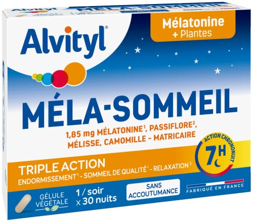 Alvityl Méla-sommeil – Mélatonine + 3 plantes + vitamine B6 – Triple action sur le sommeil et la relaxation - Action chrononuit 7h - 1,85mg Mélatonine– 30 gélules