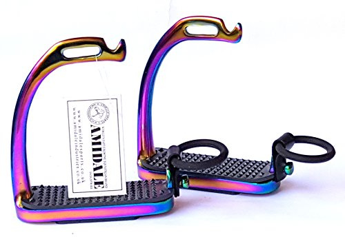 RAINBOW PEACOCK STIRRUPS AMIDALE HORSE RIDING IRON FILLIS MULTI COLOR BNWT 4.75 INCHES AND 5.00 INCHES (5.00 INCHES)