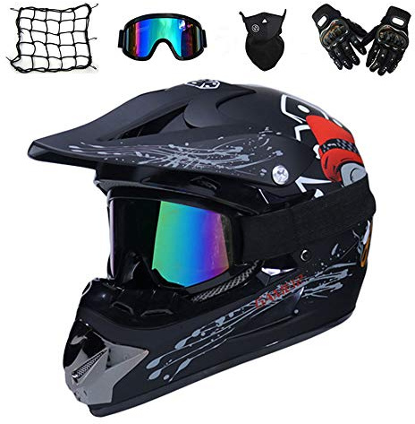 MRDEAR Motorradhelm, Erwachsener Motocross Helm Schwarz/ Schädel, Crosshelm mit Brille Handschuhe Maske Motorrad Netz, Fullface MTB Helm Mopedhelm für Damen Herren,M