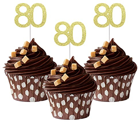 Sumerk 24PCS 80 Cupcake toppers Gold Glitter 80th Birthday Cupcake Picks Anniversary Party Decorations