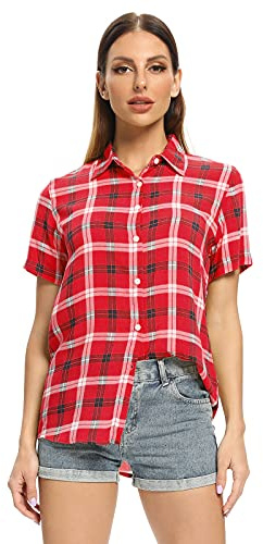 Aeslech Damen Kurzarm Button Down Hemd Bluse Plaid Kariert Sommer Tops