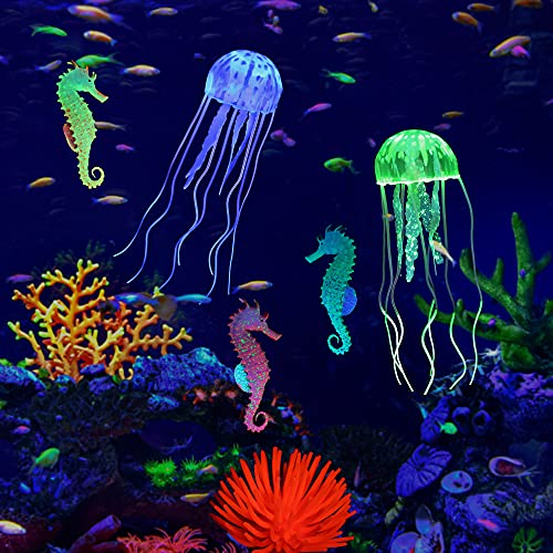 Lpraer 6 Stück Künstlich Aquarium Deko Silikon Quallen Seepferdchen leuchtende Aquarium Dekoration für Fisch Tank Aquarium Landschaft