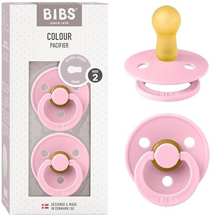 Tétine BIBS Colour. Lot de 2 sucettes. Sans bisphénol A, Téterelle ronde. Latex de caoutchouc naturel, Fabriqué au Danemark. 6+ Mois (Lot de 2), Baby Pink/Baby Pink