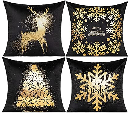 All Smiles Black Gold Decorations Christmas Cushion Covers Black Gold Décor Xmas Decorative Pillow Cases Set of 4 for Sofa Home Bed,Christmas Snowflakes Tree Deer