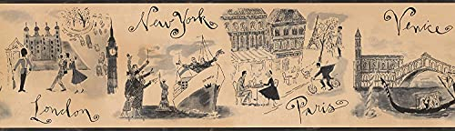 CONCORD WALLCOVERINGS ™ Wallpaper Border Geographical Places Retro Pattern Capitals New York Paris London Venice for Living Room Social Room, Black Beige, 7 Inches by 15 Feet KBE65162B