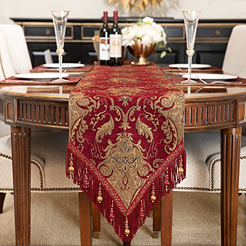 TOPLUXE Tischläufer mit Quasten, Jacquard Tischdecke für Esstisch Urlaub Party Wohnzimmer Dekoration (33x228cm, Burgund)