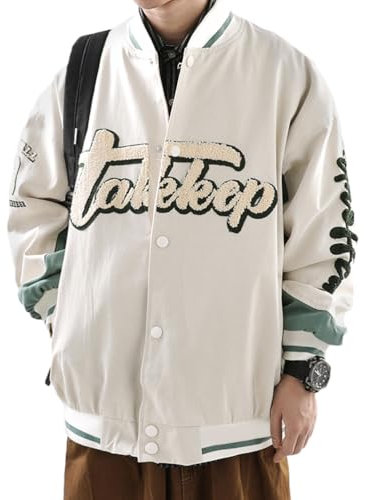 ORANDESIGNE Veste Baseball Homme Blouson Bomber Femme Vintage Veste Bomber Casual Varsity Jacket College Poches Coupe Vent Baseball Blouson Sweat Veste P Beige XL