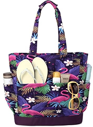VASCHY Strandtasche, wasserabweisend, große Einkaufstasche, faltbar, leicht, für den Sommer, mit Reißverschluss und mehreren Taschen, für Urlaub, Reisen, Strand, Pool, Shopping, Fitnessstudio, 17,3 l,