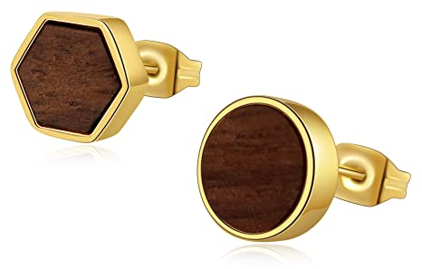 Ohrringe Holz in Gold Edelstahl Holzohrringe Damen Ohrstecker Geometrisch Druchmesser 8mm Hexagon Kreis Beste Schwester Geschenke