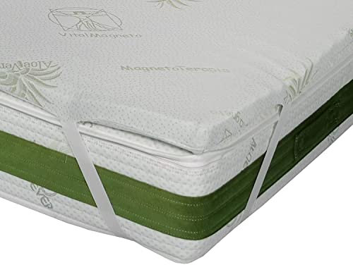 Topper matrimoniale 160x200 in Memory Foam ad Alta Densità 8 cm | Correttore materasso sfoderabile in Aloe Vera | Coprimaterasso imbottito Rinfrescante, massaggiante e traspirante | Made in Italy