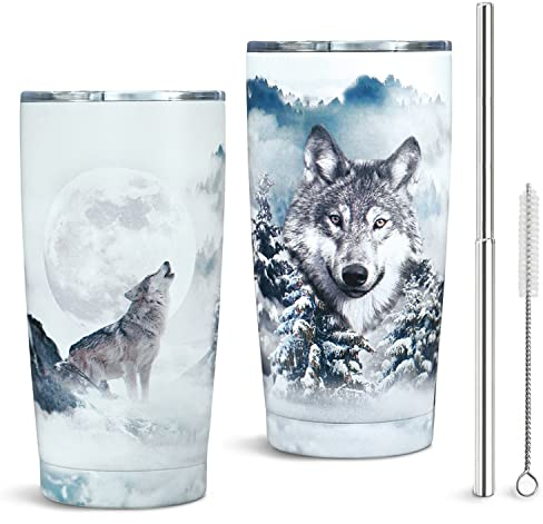 Wolf Tumbler, Wolf Geschenke für Männer und Frauen, Wolf Wasserflasche/Kaffeetasse/Reisebecher, Wolf Liebhaber Geschenk,Doppelwandiger isolierter Becher, 590 ml Kaffeetasse W. olf