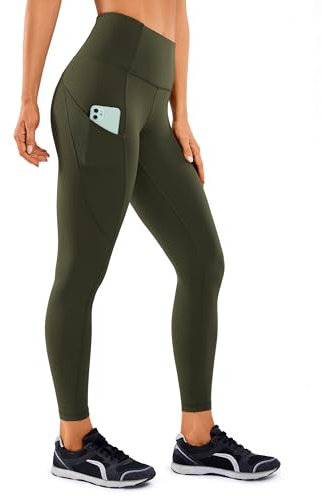 CRZ YOGA Damen Naked Feeling Sport Leggings mit Taschen High Waist Sporthose Gym Blickdicht Yogahose - 64cm Olivgrün 38