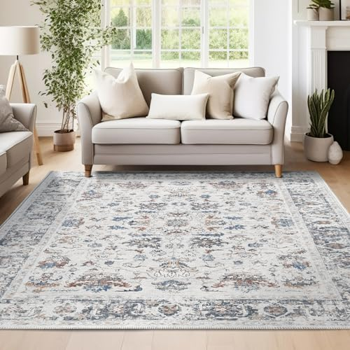 TOPICK Maschinenwaschbarer Teppich, 120 x 180 cm, Blumenmuster, mehrfarbig, Vintage-Teppich, dünn, rutschfest, großer Teppich, Bodenabdeckung, für Wohnzimmer, Schlafzimmer, Büro, Esszimmer, Küche,