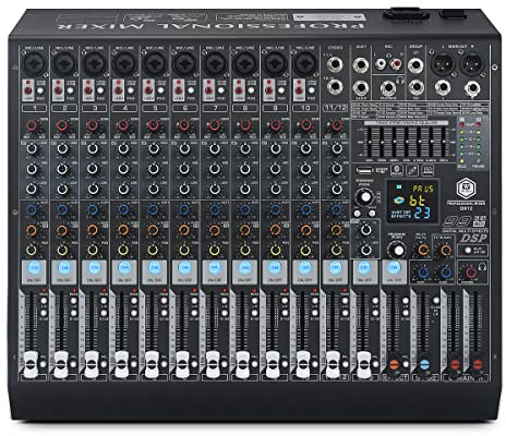 W IN-MIX DX12 12 Channel Audio Mixer with 99 DSP Effects For Live Band | 7-Band EQ, Independent 48V Phantom Power, Bluetooth, USB Recording – For Live Band, Church Sound, Studio, Karaoke & Podcast