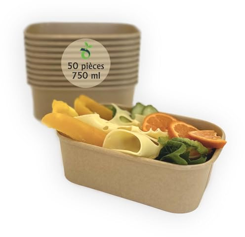 ECOPICNIC Lot de 50 saladiers rectangulaires 750 ML jetables | Barquettes Alimentaires sans Couvercle pour salades, Repas à emporter, Plats Chauds ou froids, Emballage écologique en Carton