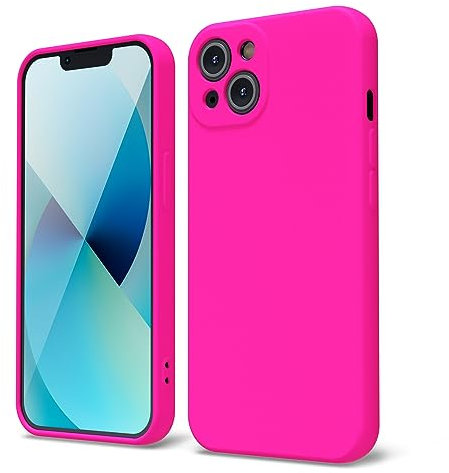 oakxco for iPhone 13 Phone Case Liquid Silicone, Fluorescent Bright Solid Color, Cute Thin Slim Soft Rubber TPU Plain Smooth Gel Matte Protective Cover for Women Girl, Fuchsia Hot Pink