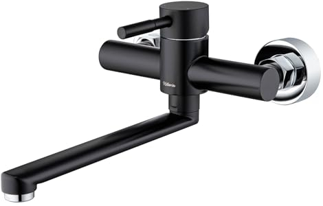 Kelleria Grifo de Pared, Grifo de Cocina Montado en la Pared, Giratorio 360 Grados, Fabricado en Acero Inoxidable, Monomando para Fregadero, Agua Fría y Caliente, Acabado Negro