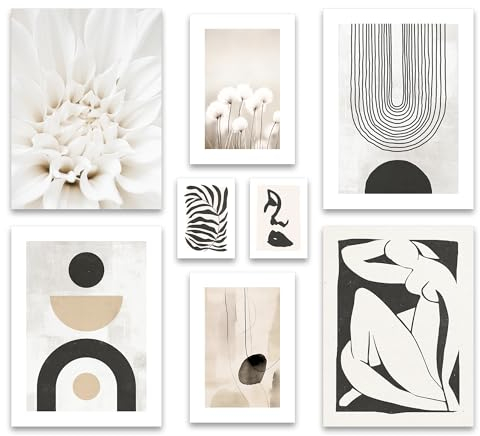 ARTFAVES® Poster Set - ABSTRACT BLACK ART - mehrteilige Wanddeko Wohnzimmer & Schlafzimmer - 8 moderne Wandbilder abstrakt, Kunst, Henri Matisse, schwarz-weiss, beige - ohne Bilderrahmen
