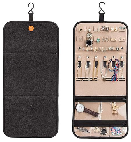 Qivine Jewelry Storage, 2Pcs Hanging Organizer with 5 PVC Pockets, Portable Travel Jewelry Storage, Foldable Earring Storage, Dark Grey