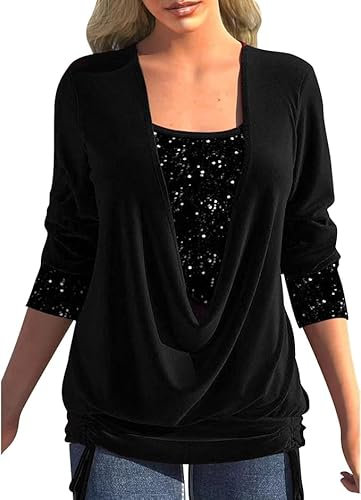 Tunika Damen Elegant Pailletten Oberteil Festlich Party Bluse Glitzer Shirt Langarm Tunika Lässig Rundhals Glitzer Oberteile Langarmshirt Große Größen Glitzertop Blusenshirt