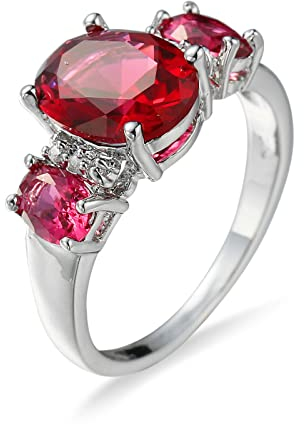 Bishilin Ring Silber Vergoldet Damen, Ring Personalisiert mit 3 Stein Rot Zirkonia Trauringe Eheringe für Frauen Gr.57 (18.1)