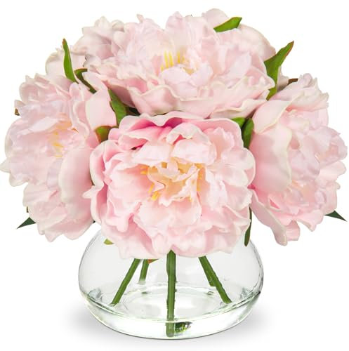 Oairse Artificial Peonies with Vase Realistic Faux Peonies Flower in Glass Vase with Faux Water Pink Fake Peony Flora Arrangement for Home Decor Office Bedroom Wedding Centerpiece Spring Decorations