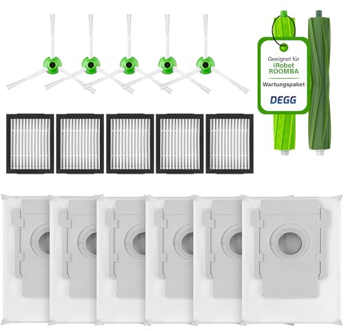 DEGG Kit de Acessórios - Compatible avec iRobot Roomba Robot Aspirateur i7 i7+ i3 i3+ i4 i4+ i6 i6+ i8 i8+ e5 e6 e7-2 Brosses Principale, 5 Filtre Hepa, 5 Brosses Latérales et 6 Sacs à Poussière