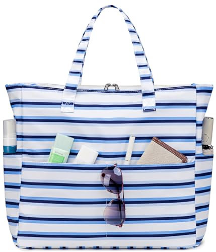 LEDAOU Bolsa de playa grande con cremallera para mujer, impermeable, bolsa de transporte, bolsa de transporte a prueba de arena con cremallera, piscina, fitness, bolsa de viaje familiar, Rayas
