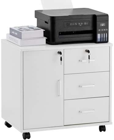 CLIPOP Rollcontainer, Abschließbarer, Aktenschrank, Büroschrank Rollschrank, Holzschrank mit 3 Schubladen, 1 Geschlossener Stauraum,Bürocontainer Schubladenschrank Druckerständer,Weiß