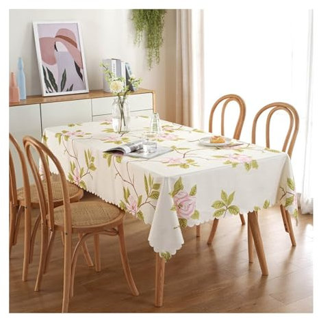 Tischdecke 140x300CM, Tischtuch Outdoor Wetterfest Modern Bedruckt mit Rosa Blumen Muster Tischdecken Abwaschbar für Draußen Garten Beige
