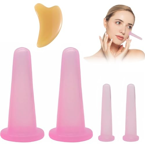 Face Cupping Massager Set,Ventosas Masaje,Dispositivo de Ventosas de Silicona 4PC Ventosas Anticeluliticas con Gua Sha Facial para Masaje de Cuello Cara Y Cuerpo (Rosa)
