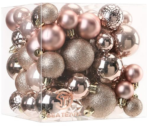 Sea Team 70-Pack Christmas Ball Ornaments with Strings, 30mm-50mm/1.18-1.97 Baubles, Shatterproof Plastic Christmas Bulbs, Hanging Decorations for Xmas Tree, Holiday, Wedding, Party, Rose Gold