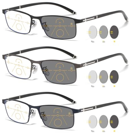 VEVESMUNDO Selbsttönende Lesebrillen Multifokale Gleitsichtbrille Blaulichtfilter Metall Progressive Gleitsicht Brille für Herren Damen (3 Stück Lesebrillen, 3.0)
