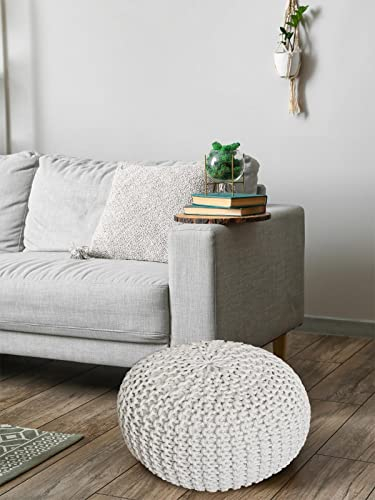 Abato Pouf Ø 45 cm Sitzpouf Strickhocker Sitzpouf Bodenkissen nachhaltig Grobstrick Optik, extra stabil, passend für jeden Wohnraum, fair gehandelt, 100% Baumwolle Naturmaterial naturweiß