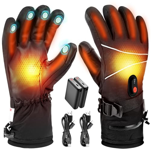 7.4V 3000mAh Rechargeable Battery Heated Gloves for Men Women, Waterproof Touchscreen Electric Ski Gloves, Hand Warmer for Winter Skiing Hunting Cycling Camping