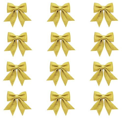 volumoon 12 Stück Weihnachtsschleifen, Glitzer Weihnachten Schleifen, Weihnachtskranz, Geschenkschleife Groß, Weihnachtsbaum Deko, Baumschmuck Weihnachten für Geschenke Deko, Weihnachtsfeiern (Gold)