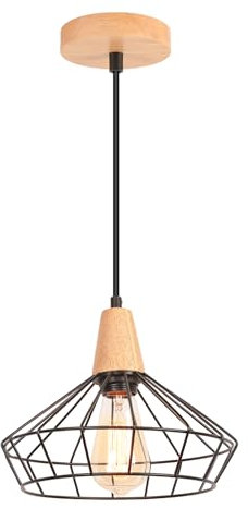 LIGKIN Pendelleuchte Industrielle Kronleuchter Vintage Holz Hängeleuchte E27, Lampenschirm Metallkäfig Design Leuchte Deckenlampe Schwarz für Küche Wohnzimmer Schlafzimmer, Ø24cm