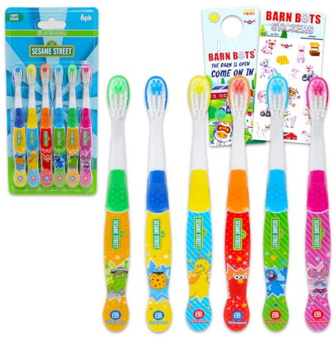 Sesame Street Zahnbürsten-Set – 6 weiche, bunte Kinderzahnbürsten mit Elmo, Big Bird & mehr | Offiziell lizenziert, inkl. Aufklebern & Türaufhänger