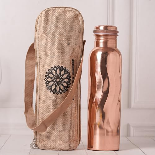 FURNISHFUL FINESSE Copper Water Bottle 1000 ml Pure Copper Drinking Vessel With Carrying Bag for Sports, Yoga, Ayurvedic,Gym,Office,Hiking (Pack of 1, Antique Curve Bottle)