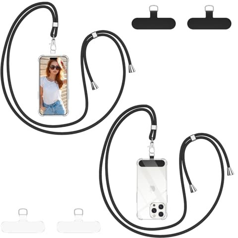 Woijrly Cordon Telephone Portable, avec 2 Patchs, Sangle Universelle Collier de Longe, Tour de Cou Téléphone Réglable et Détachable, Compatible avec la Plupart des Coques de Téléphone (Noir)