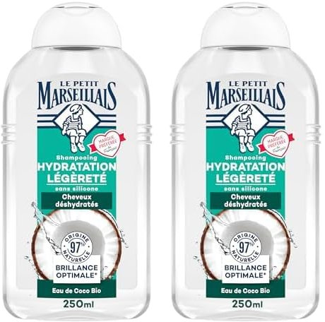 Le Petit Marseillais - Shampooing Hydratation Légèreté Eau de Coco Bio (flacon de 250 ml) – Shampoing sans silicone pour cheveux déshydratés – Soin cheveux brillance optimale 97% d'origine naturelle