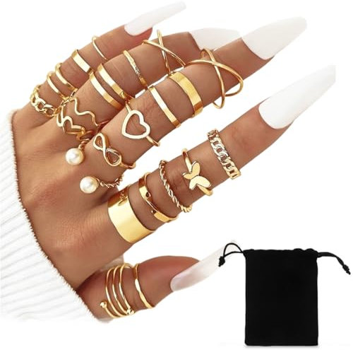 NJCXOLA 22-teiliges Ringset, verstellbarer Fingerring, offener Knoten, mehrere stapelbare Gelenke, Schwanz, Strand, Schmetterling, Herz, Schmuck für Frauen und Mädchen