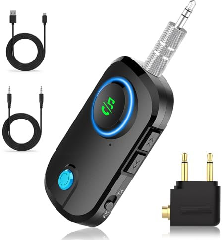 Adattatore Bluetooth 5.0 2-in-1 Trasmettitore Ricevitore, Dual Pairing per 2 Cuffie con Jack 3.5mm AUX, Bassa Latenza per TV/Aereo/Auto, Compatibile AirPods/Auricolari Wireless, Casa e Palestra