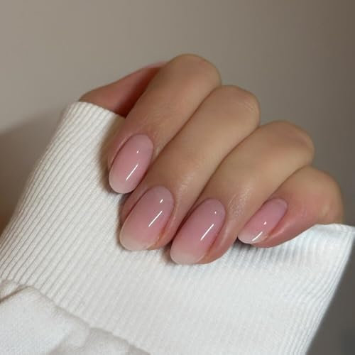 Ombre Pink Press on Nails Short Oval, SXVME French Acrylic Fake Nail Short Round, Gradient Pink False Nail Press ons Handmade of Gel, Natural Full Cover Glue on Nails For Women Daily Wear 24Pcs