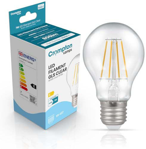 Crompton Lamps Filament GLS LED Light Bulb ES-E27 | 7W = 60W Equivalent | Cool White 4000K | Energy Efficient | Edison Screw Lightbulb | Long Life 15000-Hrs | Clear Glass | Dimmable