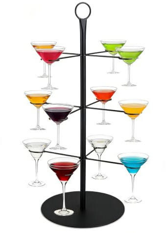 OJTOJT Tour à boissons - Support d'arbre à cocktail en métal à 3 étages et 12 verres - Pour bar, maison, fête, gin, apérol, cocktail, martini, champagne, vin (Noir)